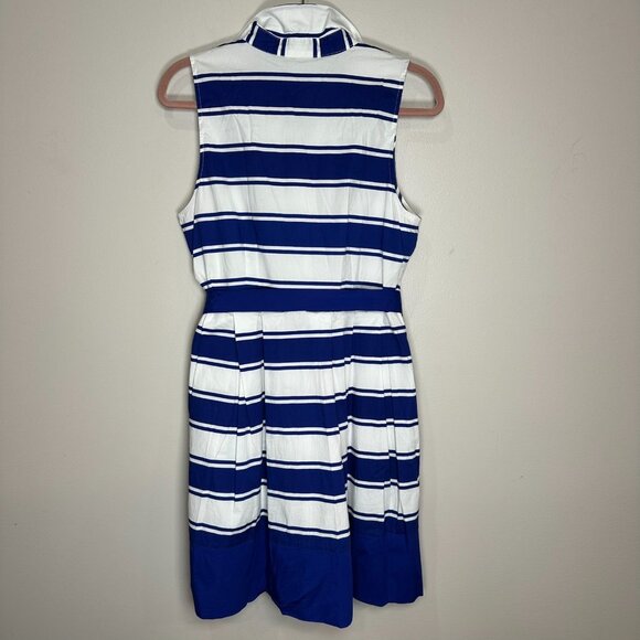 Milly Dress White Navy Stripes Size 14 Sleeveless Belt Button Front Pockets - Picture 10 of 10